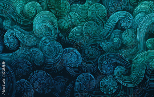 Motivo astratto di onde e spirali turchesi e blu scuro, arte fluida e dinamica.