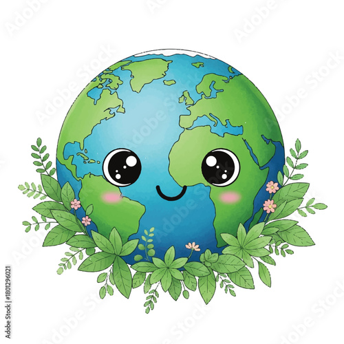 Adorable Smiling Earth Cartoon Embraced by Lush Greenery and Plants, Nature and Environmental Illustration.