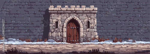 Antico cancello di pietra con porta di legno in un paesaggio invernale innevato, stile pixel art.