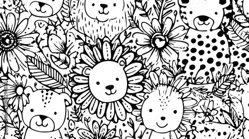 Illustrazione vettoriale di adorabili animali stilizzati e fiori in bianco e nero per colorare, stile doodle.
