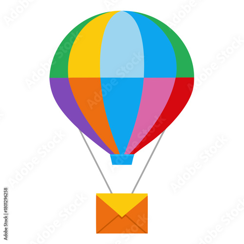 Colorful hot air balloon carrying a yellow envelope on transparent background