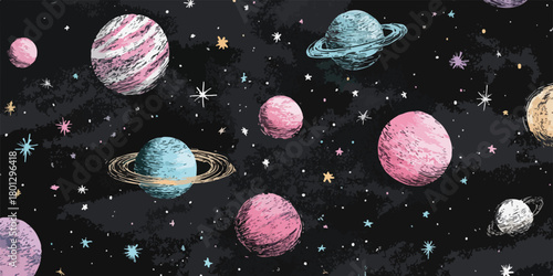 Universo cosmico con pianeti colorati e stelle scintillanti su sfondo nero, stile acquerello.