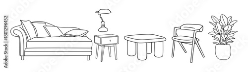 Modern living room furniture, featuring sofa, pillows, side tables, lamp, coffee table, chair, potted plant. Minimalist line art vector in hand drawn sketch style isolated on transparent background