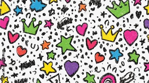 Sfondo colorato con corone, stelle e cuori disegnati a mano, stile infantile e giocoso.