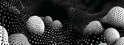 Forme astratte e sfere perforate in un paesaggio digitale monocromatico, un'esplorazione visiva di texture e pattern.