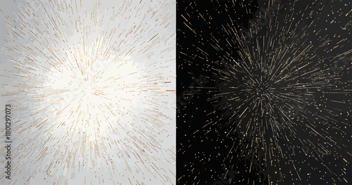 Sfondo astratto vettoriale con esplosione di particelle dorate su bianco e nero, effetto dinamico.