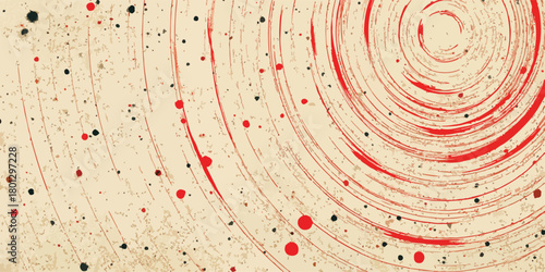 Sfondo astratto con cerchi concentrici rossi e schizzi di vernice su texture beige antica.
