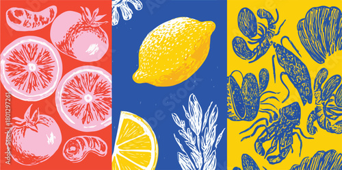 Vettore estivo con illustrazioni di agrumi, frutti rossi e frutti di mare in stile pop art vibrante.
