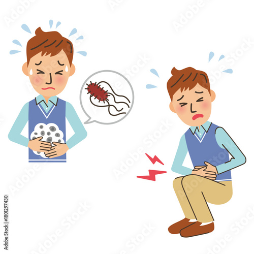 お腹が痛くて、汗だくになって、しゃがみ込む男性