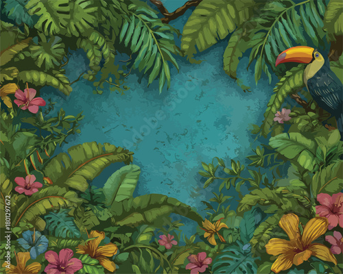 Vibrante cornice vettoriale di lussureggiante giungla tropicale con tucano e fiori esotici.