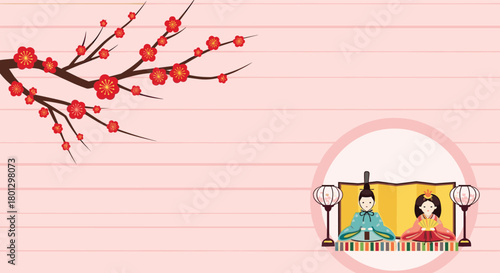 A springtime celebration with traditional Japanese dolls and blooming cherry blossoms.