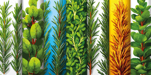 Vettore illustrazioni di erbe aromatiche fresche e secche con sfondi colorati verticali