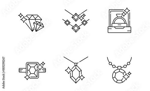 Set of Jewelry icon, Necklace, Diamond thin line and pixel Symbol Outline icon Editable Stroke