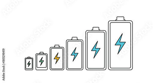 Visual representation of different sized batteries showing various charging levels with lightning bolt icons indicating energy.
