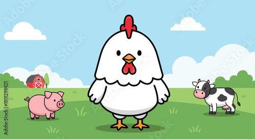 A friendly farm scene with a big chicken, a pig, and a cow.