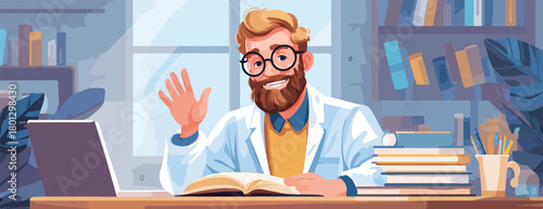 Professore barbuto con camice bianco saluta in videochiamata da studio con libri e laptop.