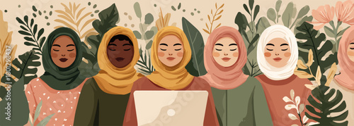 Gruppo di donne musulmane lavoratrici con laptop circondate da foglie tropicali in stile vettoriale.