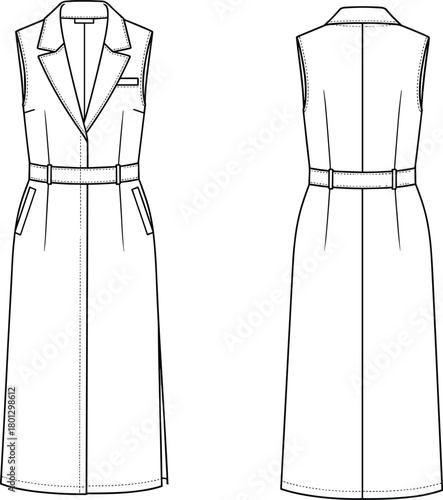 Sleeveless trench coat dress flat vector, fashion sketch, technical drawing, garment design, front and back view, stylish apparel