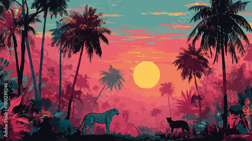 Vettore tropicale al tramonto con silhouette di animali selvatici nella giungla lussureggiante.