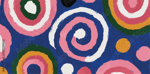 Vettore astratto con motivi a spirale e cerchi concentrici in colori vivaci su sfondo blu.