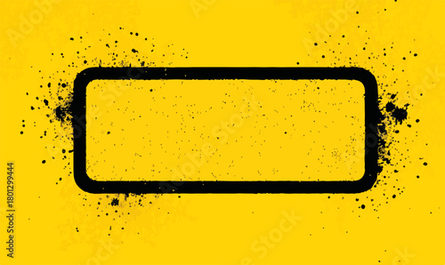 Cornice rettangolare nera con effetto grunge e spruzzi su sfondo giallo brillante, modello vettoriale.