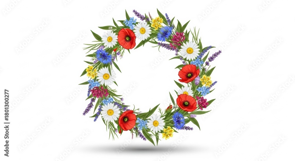 Naklejka premium Round Wreath of Wildflowers on White Background, Floral, Circular, Frame