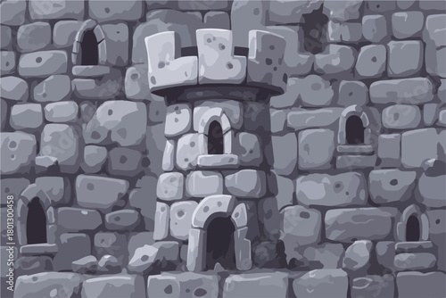 Torretta di pietra monocromatica di un castello medievale con feritoie e mura grezze.