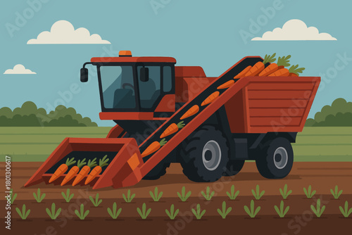 vector illustration of a carrot harvesting machine