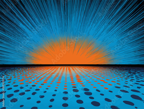 Vettore astratto di un sole arancione che sorge su un orizzonte blu con riflessi a punti