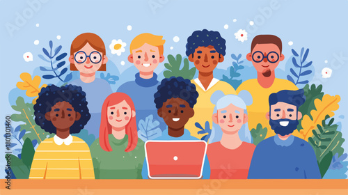 Gruppo eterogeneo di persone sorridenti con un laptop, illustrazione vettoriale di diversità e comunità