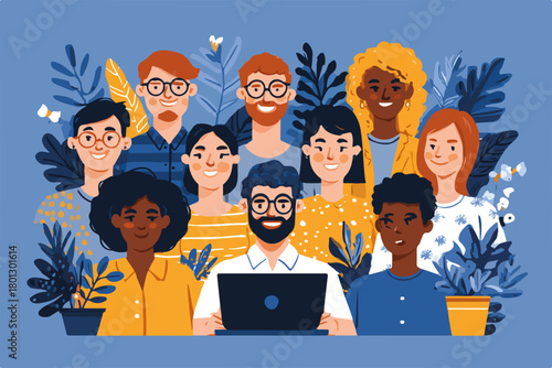 Gruppo eterogeneo di professionisti sorridenti con un laptop, illustrazione vettoriale di diversità e collaborazione