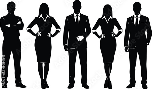 Business team flat vector illustration, professional silhouettes, confident pose, corporate attire, teamwork concept, office group, unity, leadership, success