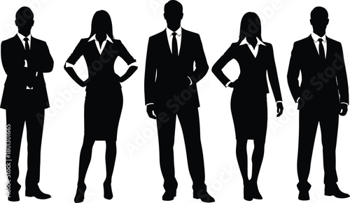Business team flat vector illustration, corporate silhouette artwork, professional group pose, confident stance, teamwork, leadership, office attire, unity, success