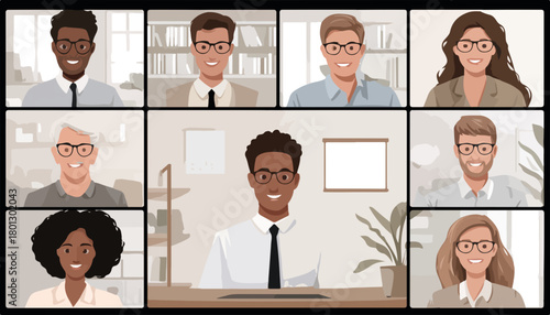 Riunione virtuale di un team eterogeneo di professionisti che collaborano online, comunicazione in videoconferenza.