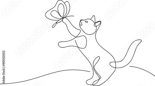Cat reaching for butterfly one line drawing continuous line