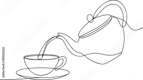 Continuous line drawing of teapot pouring tea into cup
