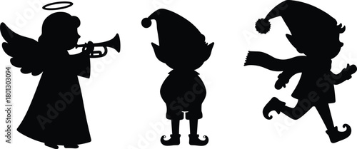 Holiday character silhouette illustration, black and white vector set of angel with trumpet, standing elf, running elf, Christmas festive design