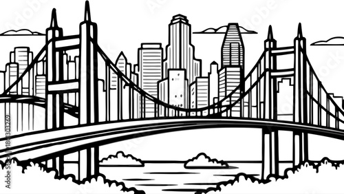 Very beautiful panoramic scene of a sweeping suspension bridge crossing a wide river with towering modern skyscrapers rising in the distance, captured in soft daylight with a clean and atmospheric sky