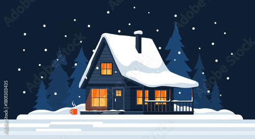 Cozy winter cabin scene with snow-covered roof and illuminated windows at night.