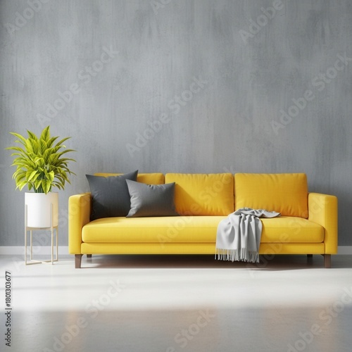 Minimalist square living room scene with a single yellow sofa, gray accents and yellow plant against a textured gray wall.


