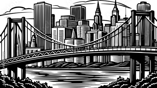 Very beautiful panoramic scene of a sweeping suspension bridge crossing a wide river with towering modern skyscrapers rising in the distance, captured in soft daylight with a clean and atmospheric sky