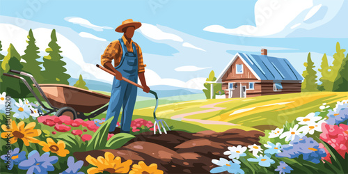 Un contadino lavora il suo giardino fiorito vicino a una casa di campagna in una giornata di sole.
