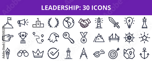 Leadership icons representing achievements, teamwork, and guidance  