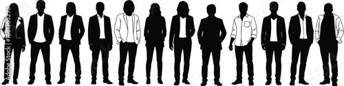 WebBusiness people flat vector illustration, professional silhouettes, diverse team lineup, corporate attire, standing pose, group concept, unity, office style