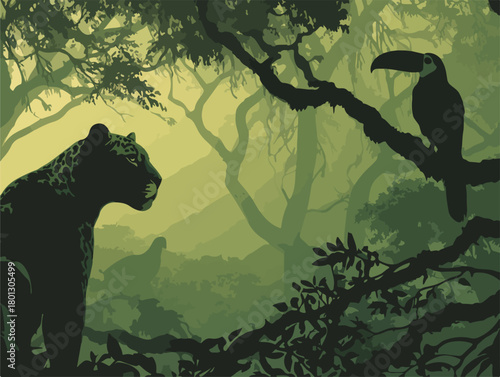 Foresta pluviale tropicale con giaguaro, tucano e uccello sullo sfondo, atmosfera nebbiosa.