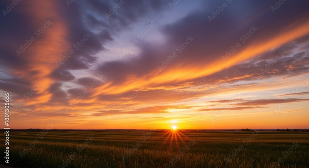 Obraz premium Golden Sunset Over A Lush Green Field, Sunrise, Golden hour, Twilight