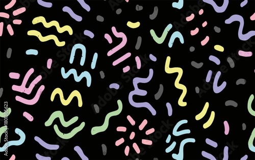 Astratto sfondo vettoriale con forme geometriche colorate e linee su sfondo nero