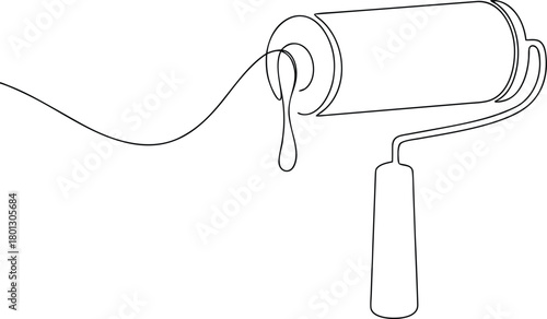 Paint roller with dripping paint single line drawing