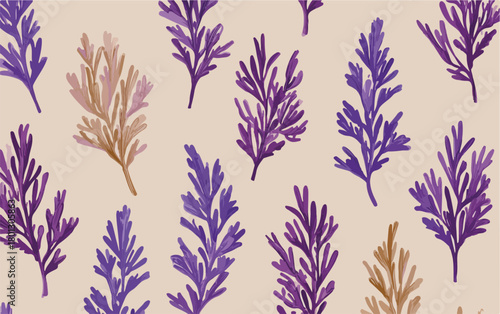 Sottile motivo floreale con rametti viola e marroni su sfondo beige, design vettoriale per tessuti