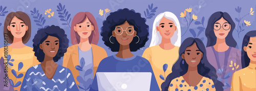 Un gruppo diversificato di donne con diversi colori di capelli ed etnie si unisce per celebrare l'unità e la forza femminile.